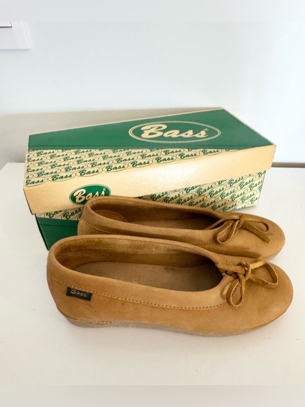 Vintage Bass Tan Suede Ballet Flats with Bow in original box